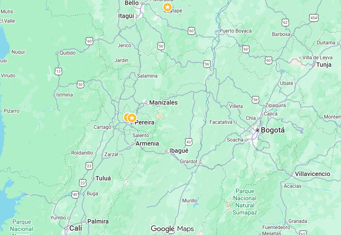 Map showing Pereira in Colombia between Bogotá, Medellín and Cali